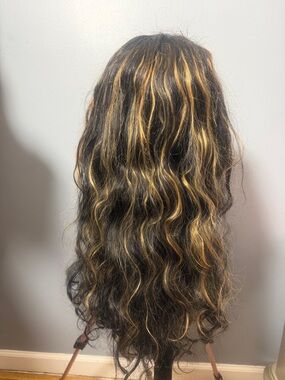 Natural Wavy Women's Hairpiece - Black with Golden Blonde Highlights